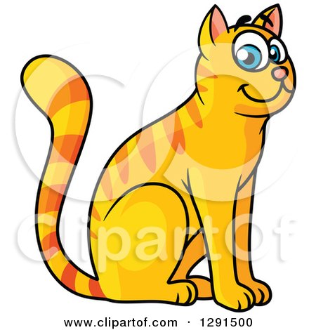 Clipart of a Cartoon Happy Sitting Tabby Ginger Cat with Blue Eyes - Royalty Free Vector Illustration by Vector Tradition SM