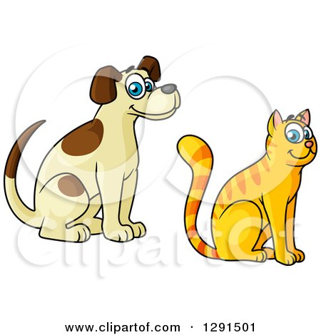 Clipart of a Cartoon Happy Sitting Tan and Brown Spotted Dog and Tabby Ginger Cat - Royalty Free Vector Illustration by Vector Tradition SM