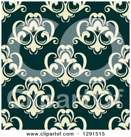 Clipart of a Seamless Pattern Background of Vintage Pastel Floral Damask on Dark Green - Royalty Free Vector Illustration by Vector Tradition SM