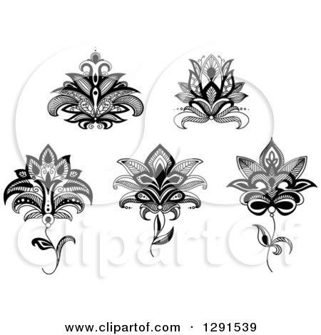 Clipart of Black and White Henna Lotus and Flower Designs 2 - Royalty Free Vector Illustration by Vector Tradition SM