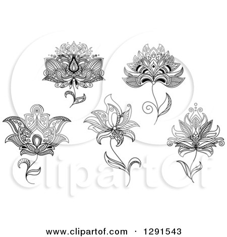 Clipart of Black and White Henna Lotus and Flower Designs - Royalty Free Vector Illustration by Vector Tradition SM