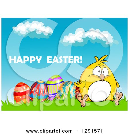 Clipart of a Cartoon Chubby Yellow Chick Sitting with Eggs on a Hill Under Happy Easter Text - Royalty Free Vector Illustration by Vector Tradition SM