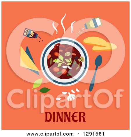 Clipart of a Bowl of Soup with Ingredients on Orange over Dinner Text - Royalty Free Vector Illustration by Vector Tradition SM