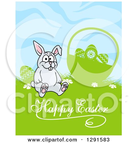 Clipart of a Cartoon Gray Rabbit Sitting by a Silhouetted Easter Basket over Text - Royalty Free Vector Illustration by Vector Tradition SM