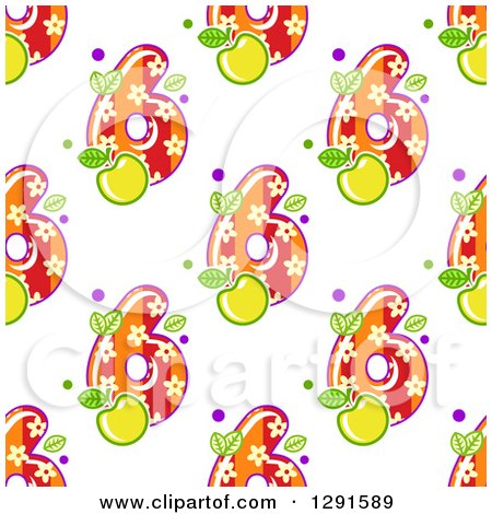 Clipart of a Seamless Background Pattern of Floral and Striped Number Six Digits and Green Apples - Royalty Free Vector Illustration by Vector Tradition SM