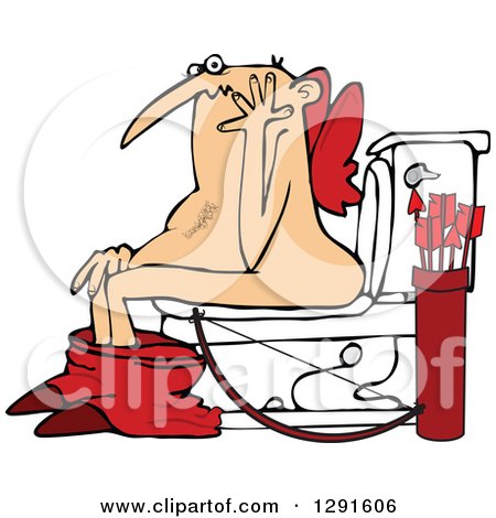 Cartoon Clipart of a Chubby Bald Valentine Cupid Caught on the Toilet - Royalty Free Vector Illustration by djart