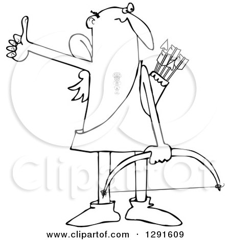 Cartoon Clipart of a Black and White Bald Male Hitchhiking Cupid - Royalty Free Vector Illustration by djart