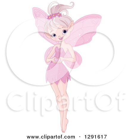 Clipart of a Cute Glittery Pink Fairy Pixie Holding a Tiny Valentine Heart - Royalty Free Vector Illustration by Pushkin