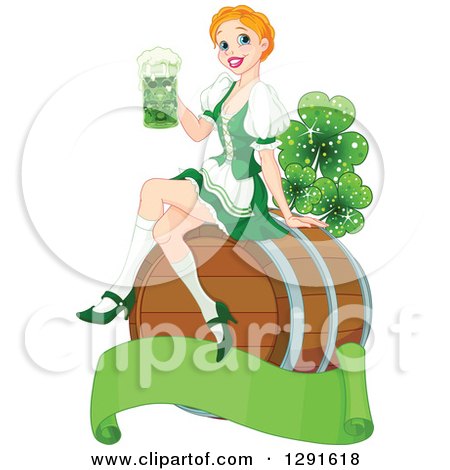 Clipart of a Happy Strawberry Blond Beer Maiden Woman Sitting on a Keg Barrel and Holding a Cup of Green St Patricks Day Alcohol over a Blank Banner with Magical Shamrock Clovers - Royalty Free Vector Illustration by Pushkin