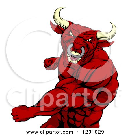 Clipart of a Vicious Muscular Red Bull Man or Minotaur Mascot Punching - Royalty Free Vector Illustration by AtStockIllustration