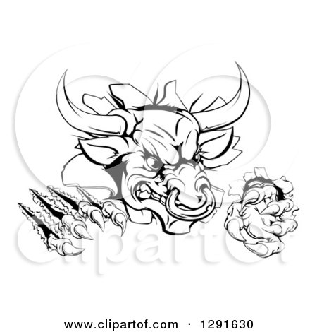 Clipart of a Black and White Mad Aggressive Bull Monster Clawing Through a Wall - Royalty Free Vector Illustration by AtStockIllustration