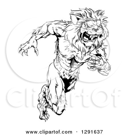Clipart of a Black and White Vicious Muscular Sprinting Lion Man Mascot - Royalty Free Vector Illustration by AtStockIllustration