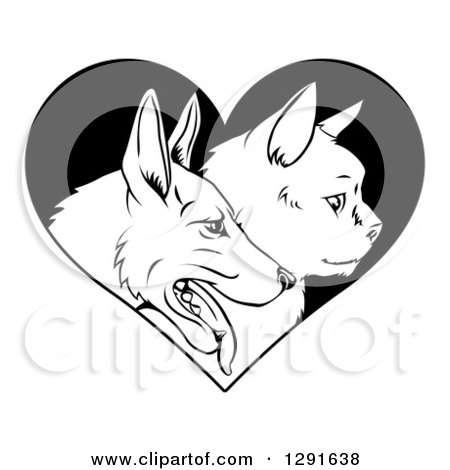 Clipart of Black and White Profiled Cat and Dog Faces over a Heart - Royalty Free Vector Illustration by AtStockIllustration