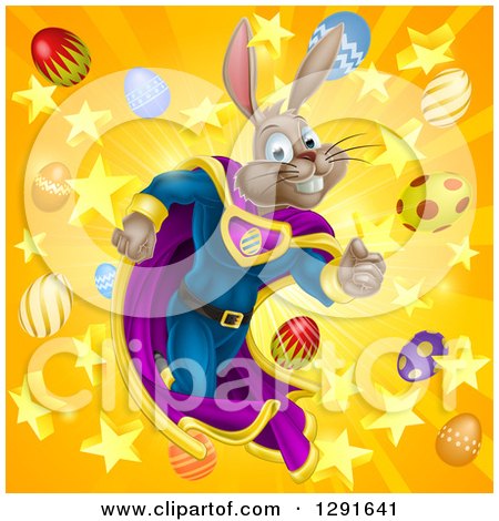 Clipart of a Brown Easter Super Hero Bunny Rabbit Running Through a Burst of Eggs and Stars - Royalty Free Vector Illustration by AtStockIllustration