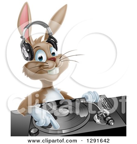 Clipart of a Happy Brown Bunny Rabbit Dj Wearing Headphones over a Turntable - Royalty Free Vector Illustration by AtStockIllustration