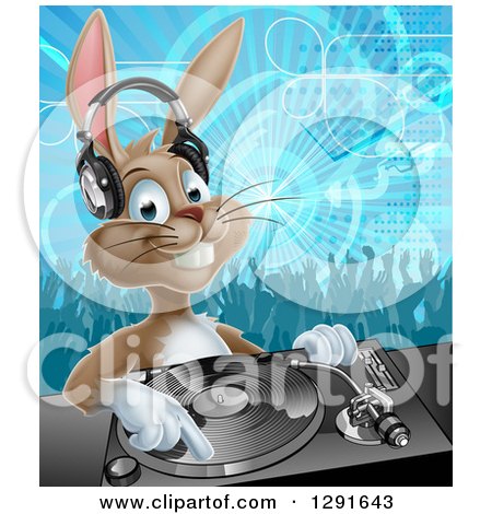 Clipart of a Happy Brown Bunny Rabbit Dj Wearing Headphones over a Turntable Against a Dance Floor - Royalty Free Vector Illustration by AtStockIllustration