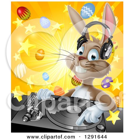 Clipart of a Happy Brown Easter Bunny Rabbit Dj Wearing Headphones over a Turntable Against a Burst of Objects - Royalty Free Vector Illustration by AtStockIllustration