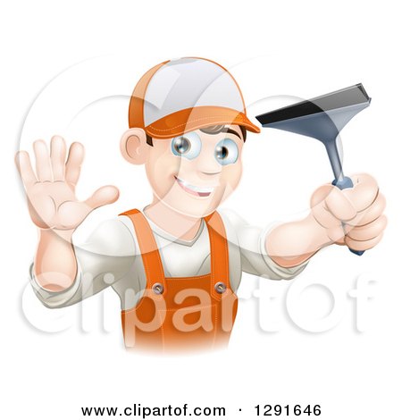 Clipart of a Waving Brunette Caucasian Window Cleaner Man in Orange Overalls, Holding a Squeegee - Royalty Free Vector Illustration by AtStockIllustration