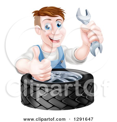 Clipart of a Happy Middle Aged Brunette White Mechanic Man Holding a Wrench and Thumb up over a Tire - Royalty Free Vector Illustration by AtStockIllustration
