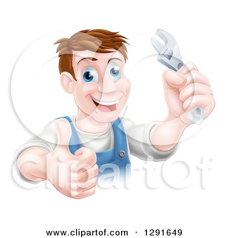 Clipart of a Happy Brunette Middle Aged Caucasian Mechanic Man Holding a Wrench and Thumb up - Royalty Free Vector Illustration by AtStockIllustration