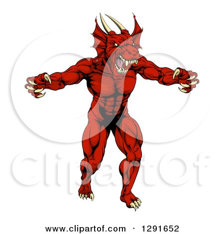 Clipart of a Muscular Aggressive Red Dragon Man Mascot Walking Upright - Royalty Free Vector Illustration by AtStockIllustration