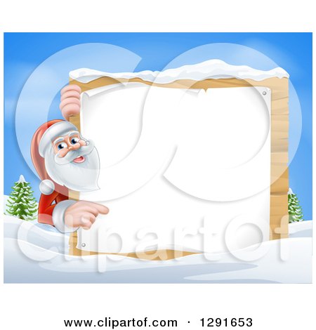 Clipart of Santa Claus Pointing Around a Blank Christmas Sign in the Snow During the Day - Royalty Free Vector Illustration by AtStockIllustration