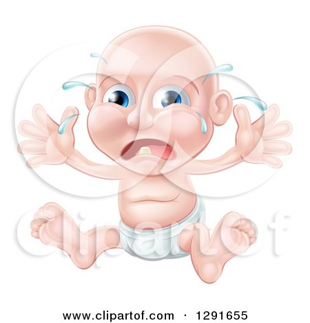 Clipart of a Teething Blue Eyed Caucasian Baby Boy Sitting in a Diaper and Crying - Royalty Free Vector Illustration by AtStockIllustration