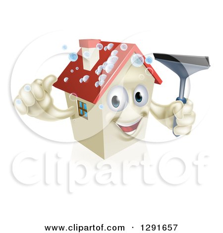 Clipart of a Happy House Character with Bubbles, Holding a Thumb up and a Window Washing Squeegee - Royalty Free Vector Illustration by AtStockIllustration