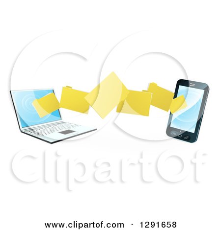 Clipart of a 3d Folder File Transfer from a Laptop to a Smart Cell Phone - Royalty Free Vector Illustration by AtStockIllustration
