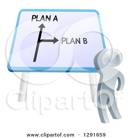 Clipart of a 3d Silver Man Looking up at a Plan a or Plan B Sign - Royalty Free Vector Illustration by AtStockIllustration
