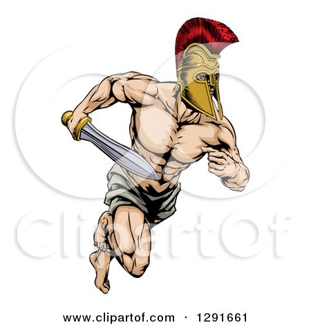 Clipart of a Muscular Gladiator Man in a Helmet Sprinting with a Sword - Royalty Free Vector Illustration by AtStockIllustration
