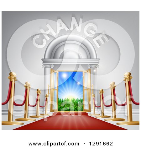 Clipart of a Red Carpet and Posts Leading to a CHANGE Doorway - Royalty Free Vector Illustration by AtStockIllustration
