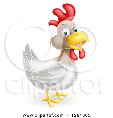 Clipart of a Happy White and Brown Chicken or Rooster - Royalty Free Vector Illustration by AtStockIllustration
