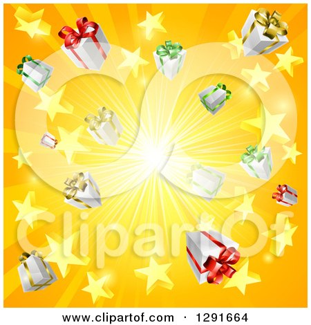 Clipart of a Yellow and Orange Sun Burst of 3d Gifts and Stars - Royalty Free Vector Illustration by AtStockIllustration