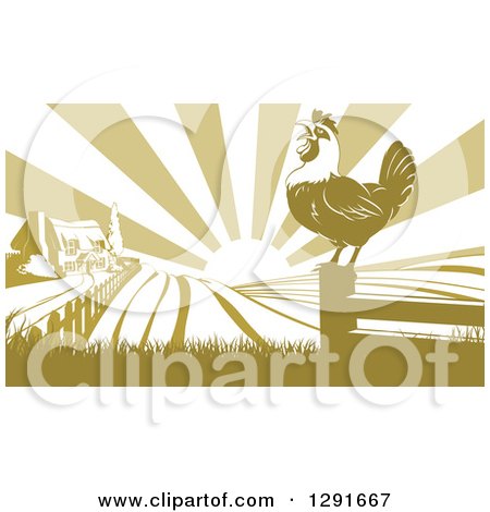 Clipart of a Crowing Rooster on a Fence Post Against a Sunrise over a Farm House - Royalty Free Vector Illustration by AtStockIllustration