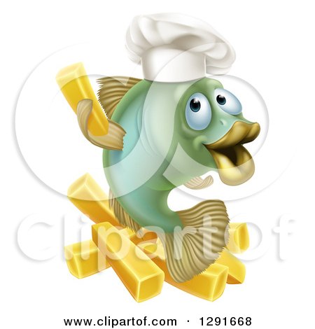 Clipart of a Happy Green Chef Cod Fish Holding up a French Fry over Chips - Royalty Free Vector Illustration by AtStockIllustration