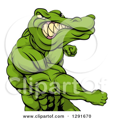 Clipart of a Tough Muscular Crocodile or Alligator Man Punching - Royalty Free Vector Illustration by AtStockIllustration