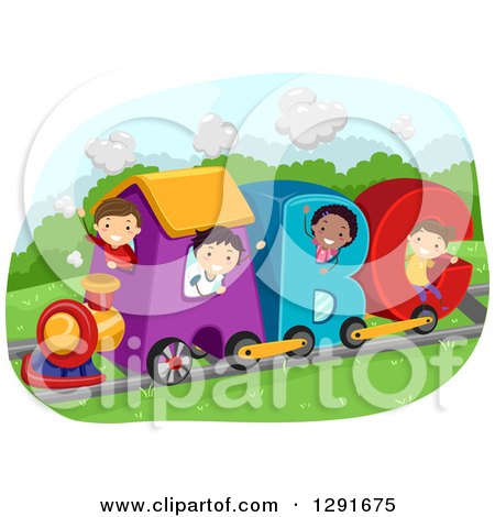 Clipart of a Group of Happy School Children Riding a Letter Alphabet Abc Train - Royalty Free Vector Illustration by BNP Design Studio