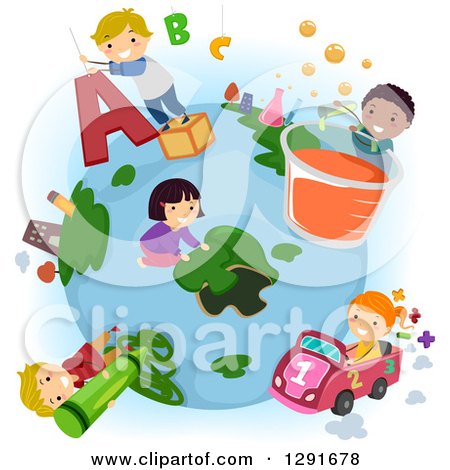 Clipart of Happy School Children Doing Educational Activities Around a Globe - Royalty Free Vector Illustration by BNP Design Studio