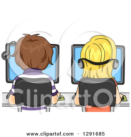 Clipart of a Rear View of Caucasian School Children Using Computers in a Lab - Royalty Free Vector Illustration by BNP Design Studio