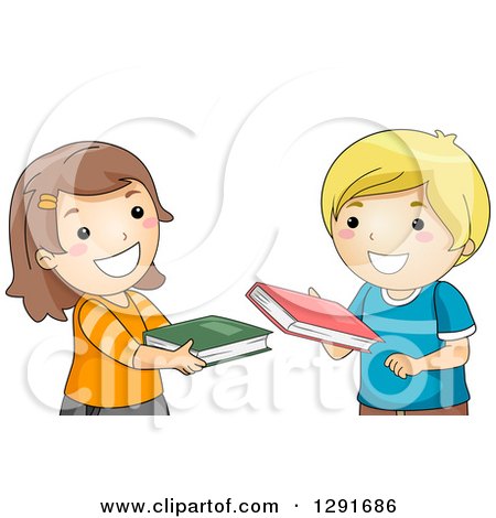 Clipart of a Happy Brunette White School Girl and Blond Boy Exchanging Books - Royalty Free Vector Illustration by BNP Design Studio