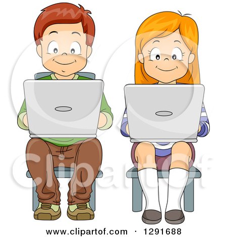 Clipart of a Happy White School Boy and Girl Sitting and Using Laptop Computers - Royalty Free Vector Illustration by BNP Design Studio