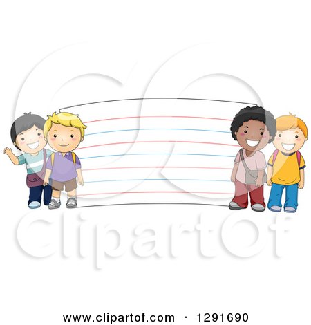 Clipart of Happy White and Black School Boys by a Giant Note Card - Royalty Free Vector Illustration by BNP Design Studio