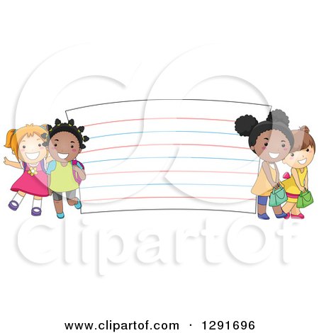 Clipart of Happy White and Black School Girls by a Giant Note Card - Royalty Free Vector Illustration by BNP Design Studio
