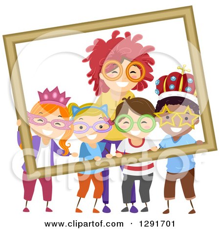 Clipart of a Happy Woman and Children Wearing Wigs, Glasses and Crowns for a Photograph - Royalty Free Vector Illustration by BNP Design Studio