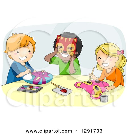 Clipart of a Group of Happy School Children Painting Masks in Art Class - Royalty Free Vector Illustration by BNP Design Studio