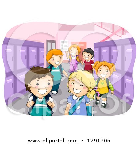 Clipart of a School Hallway with Happy Children and Purple Lockers - Royalty Free Vector Illustration by BNP Design Studio