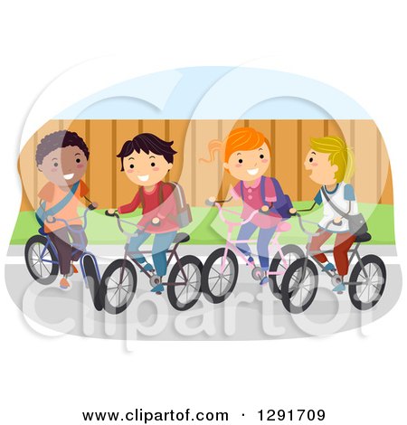 Clipart of a Happy Group of School Children Riding Their Bikes - Royalty Free Vector Illustration by BNP Design Studio