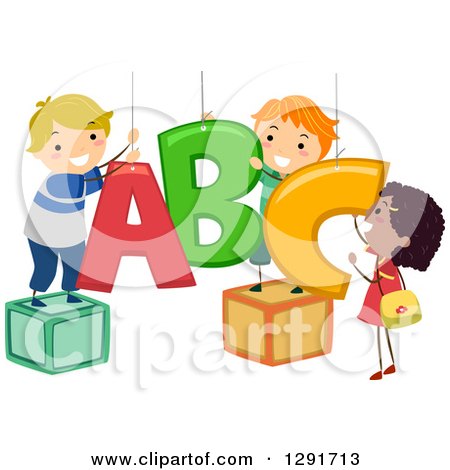 Clipart of a Happy Girl and Boys Hanging ABC Alphabet Letters - Royalty Free Vector Illustration by BNP Design Studio