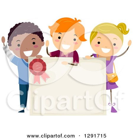 Clipart of a Cheering Girl and School Boys Around a Blank Certificate - Royalty Free Vector Illustration by BNP Design Studio